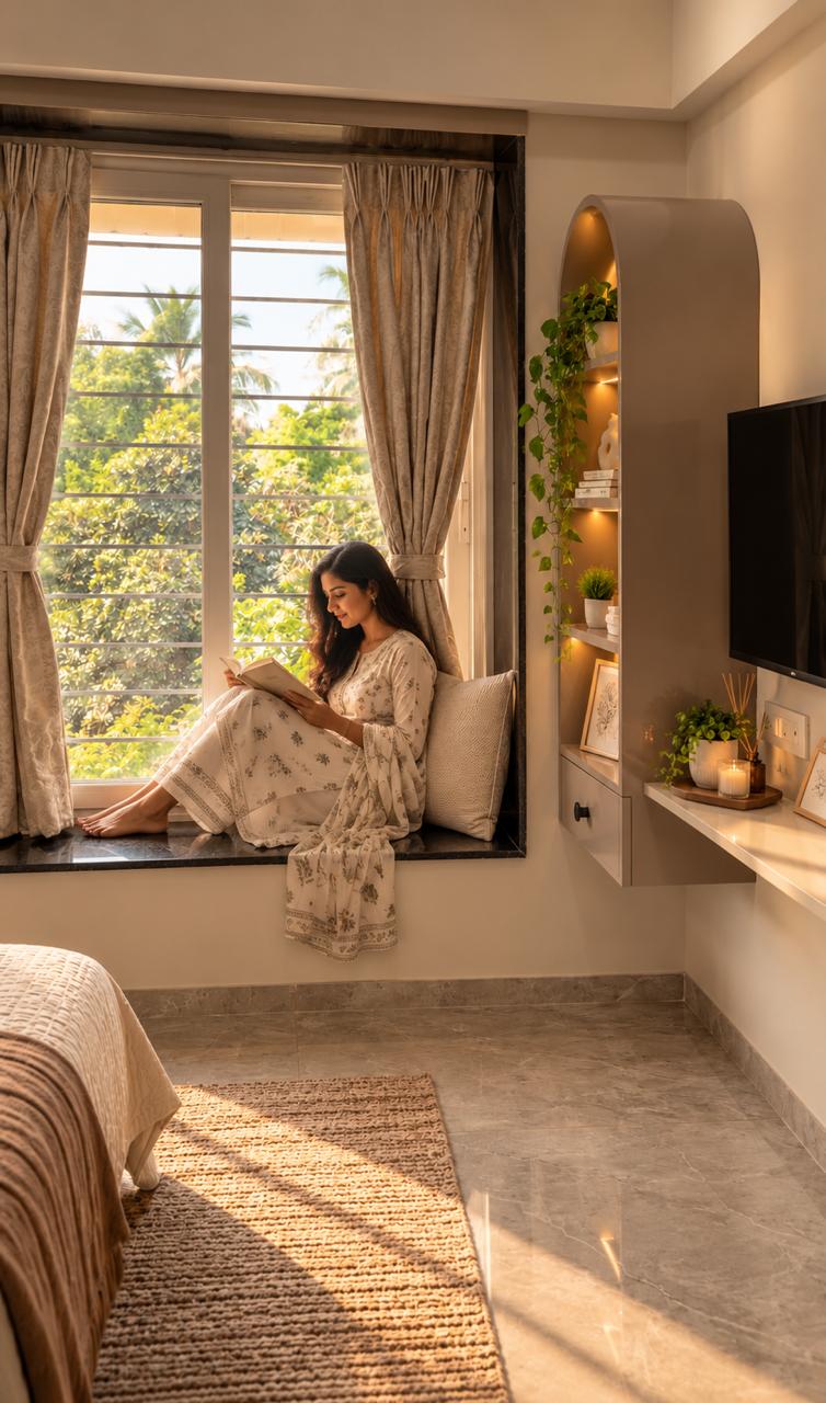 Cozy reading nook by a bright window seat